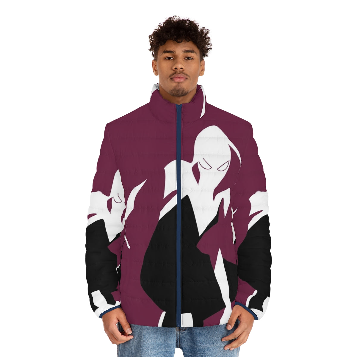 Spider-Gwen wearing a puffer jacket featuring the Marvel Spider-Verse logo - men front