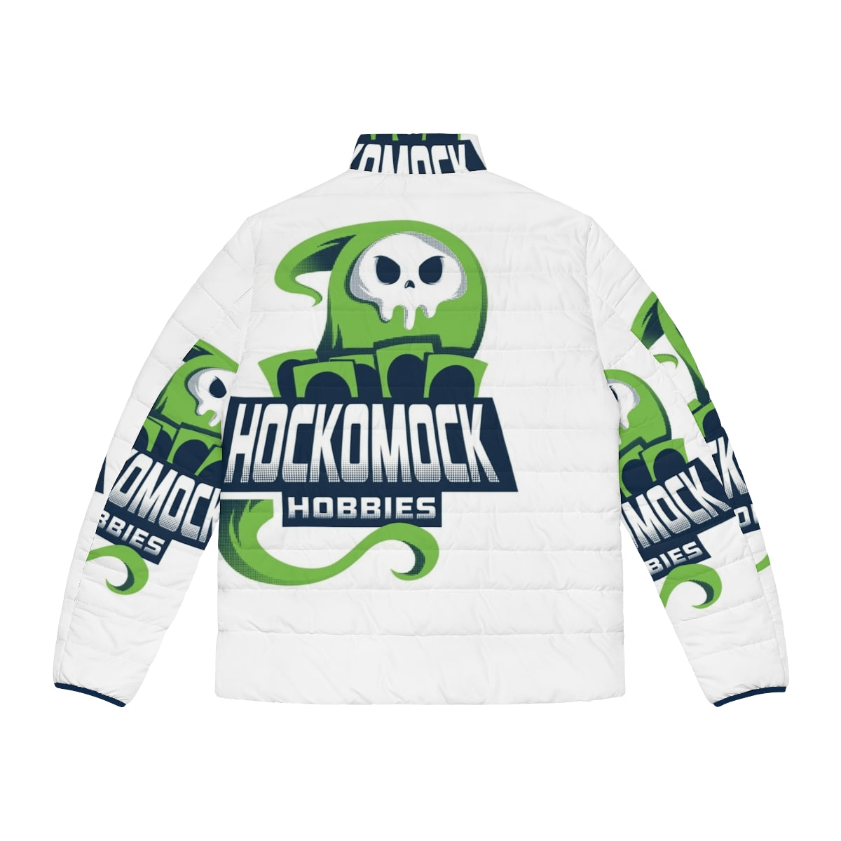 Hockomock Hobbies logo puffer jacket for MTG geeks and nerds - Back