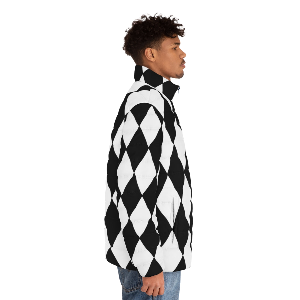 Black and white harlequin puffer jacket with diamond pattern design - men side right