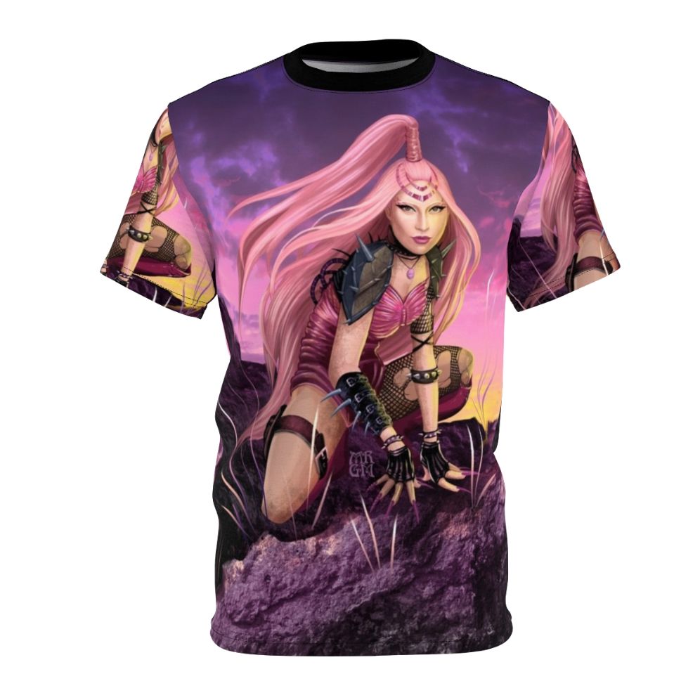 Unisex t-shirt with a vibrant pink warrior design, inspired by fantasy art and pop music