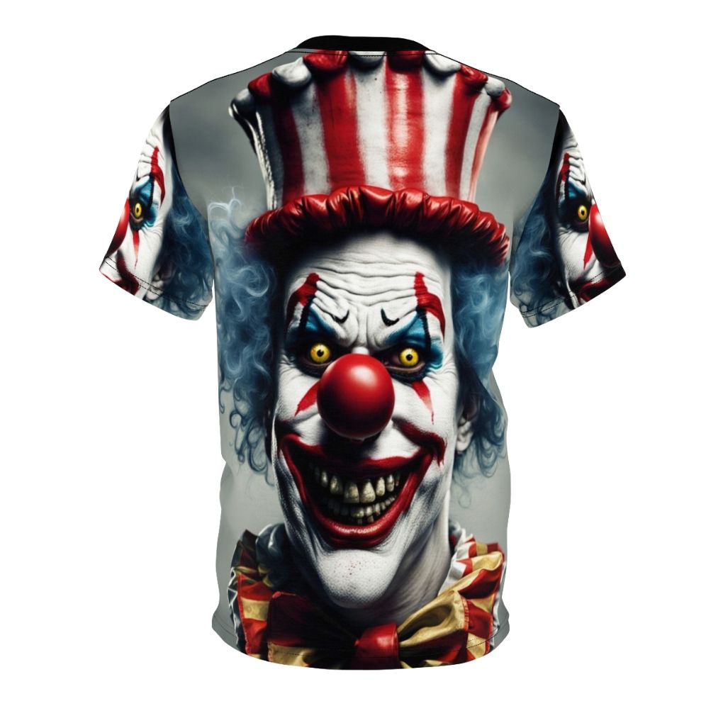 Sinister-looking clown with a creepy red nose and unsettling expression on an all-over-print t-shirt - Back