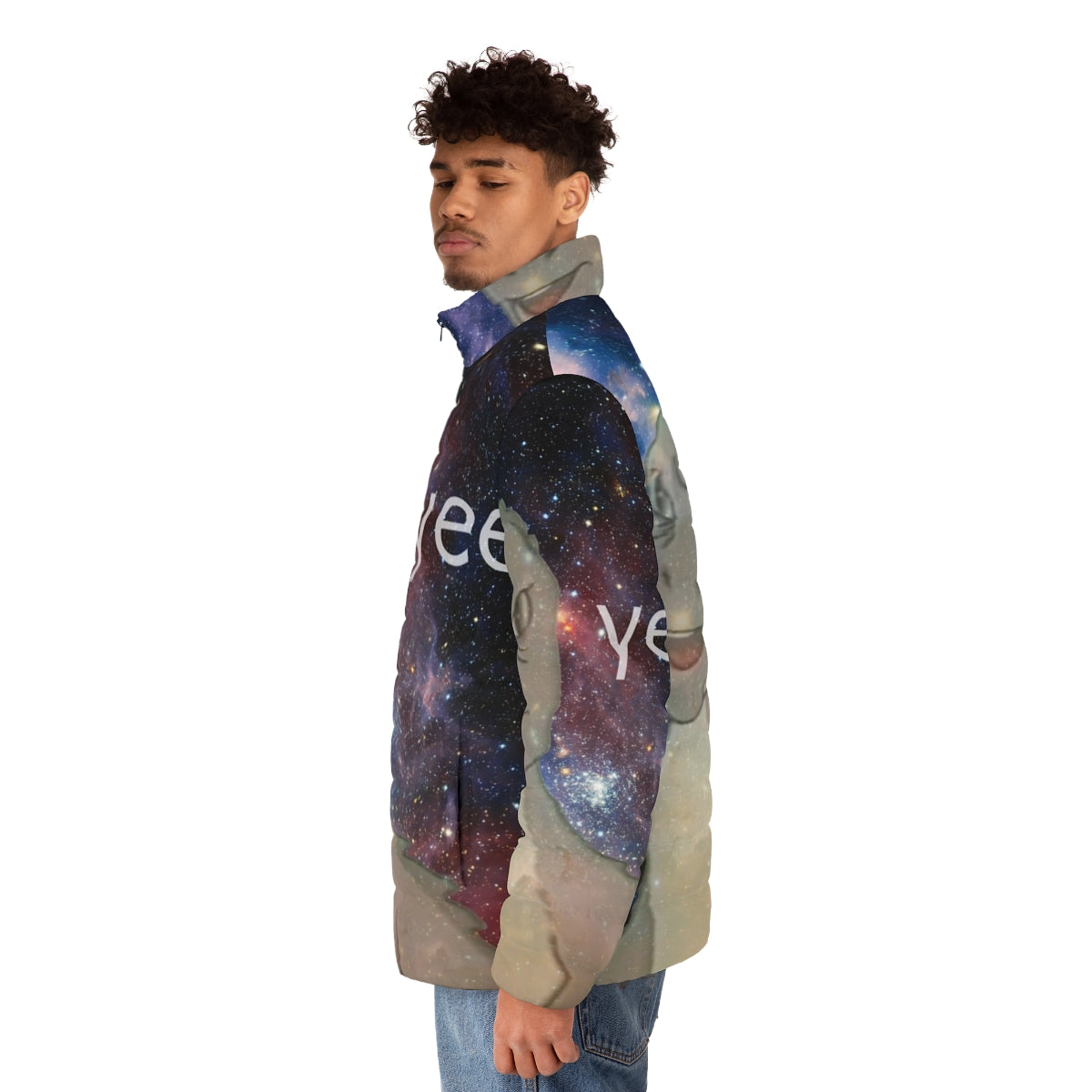 Cosmic Yee Puffer Jacket with dinosaur, nebula, and vintage meme design - men side left