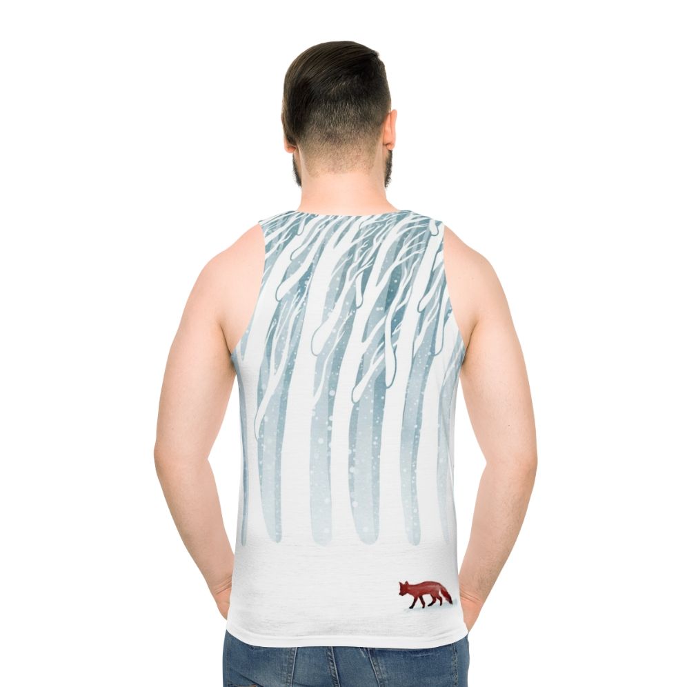 Unisex tank top with a snowy forest and fox design - men back