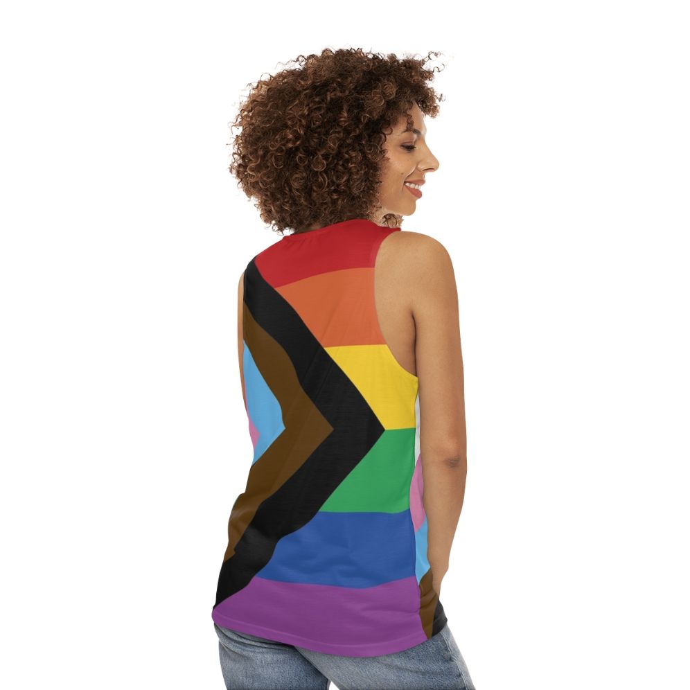 Unisex tank top with progress pride flag design - women back