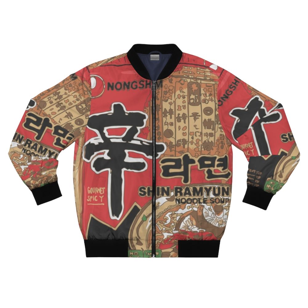 Nongshim Ramyun Bomber Jacket featuring a graphic design of the popular Korean ramen brand