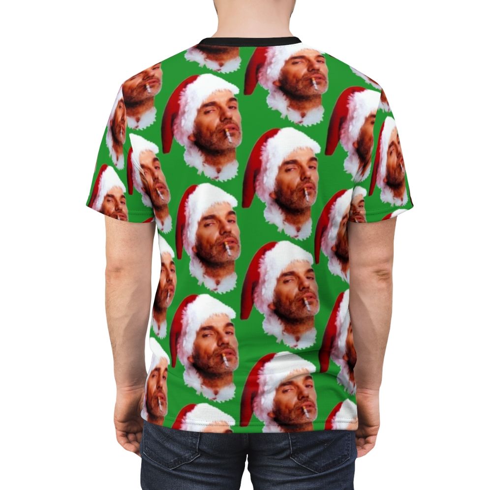 Graphic t-shirt featuring a bad Santa character smoking a cigarette, designed for fun holiday parties and celebrations. - men back