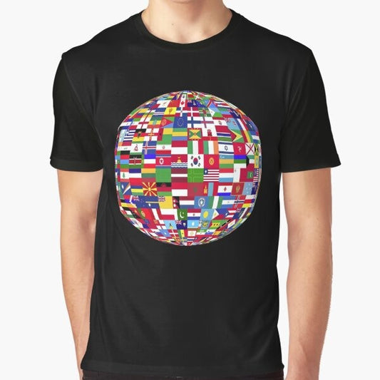 A graphic t-shirt featuring a one globe design representing global unity and world peace.