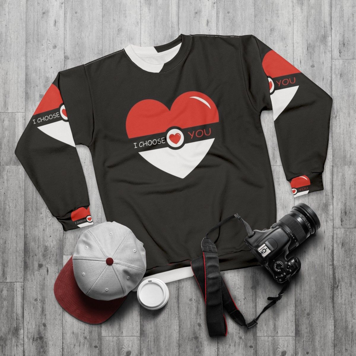 I Choose You Pokemon Valentines Day Sweatshirt with Pokeball Design - flat lay