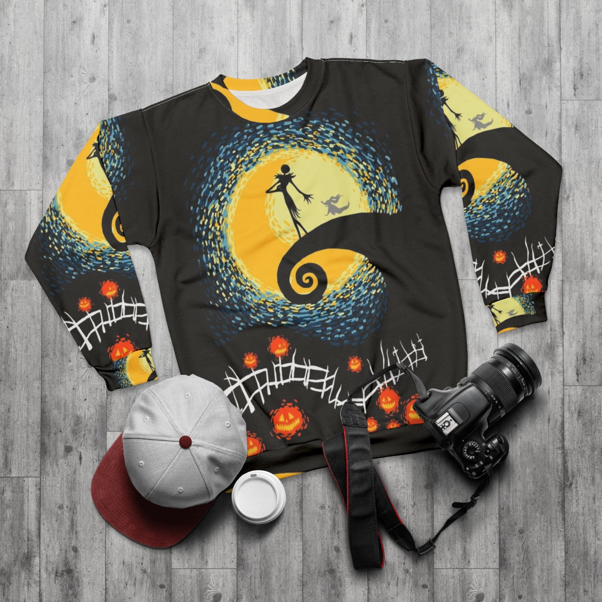 Starry Nightmare Sweatshirt - Artistic Halloween Clothing Featuring Jack Skellington and Starry Night Designs - flat lay