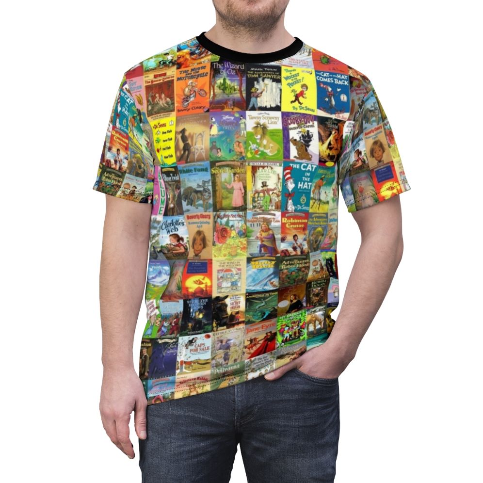 Colorful graphic t-shirt featuring a design inspired by children's books and young readers - men front