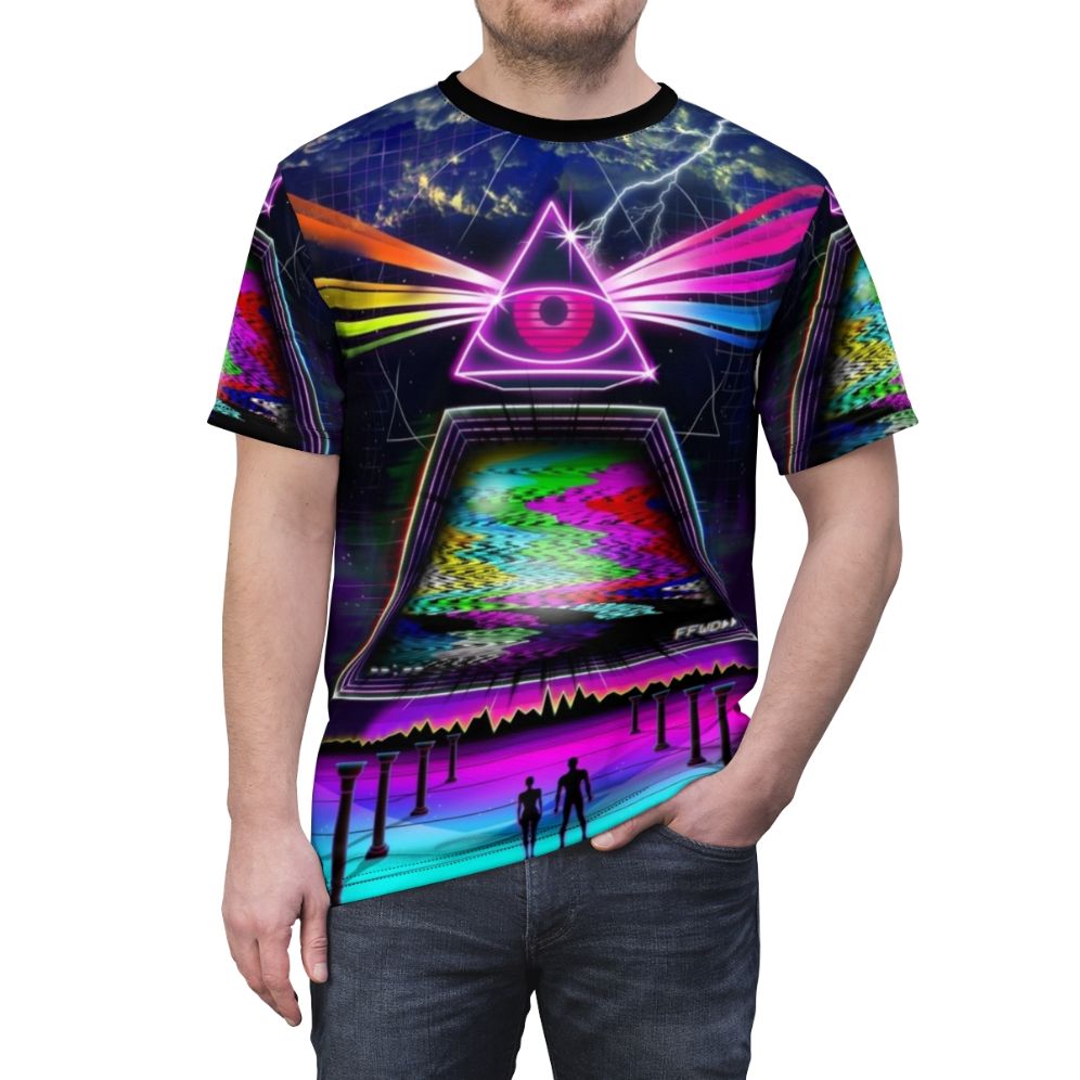 Retro glitch 80s t-shirt with cyberpunk style design featuring static, VHS, and retro elements. - men front