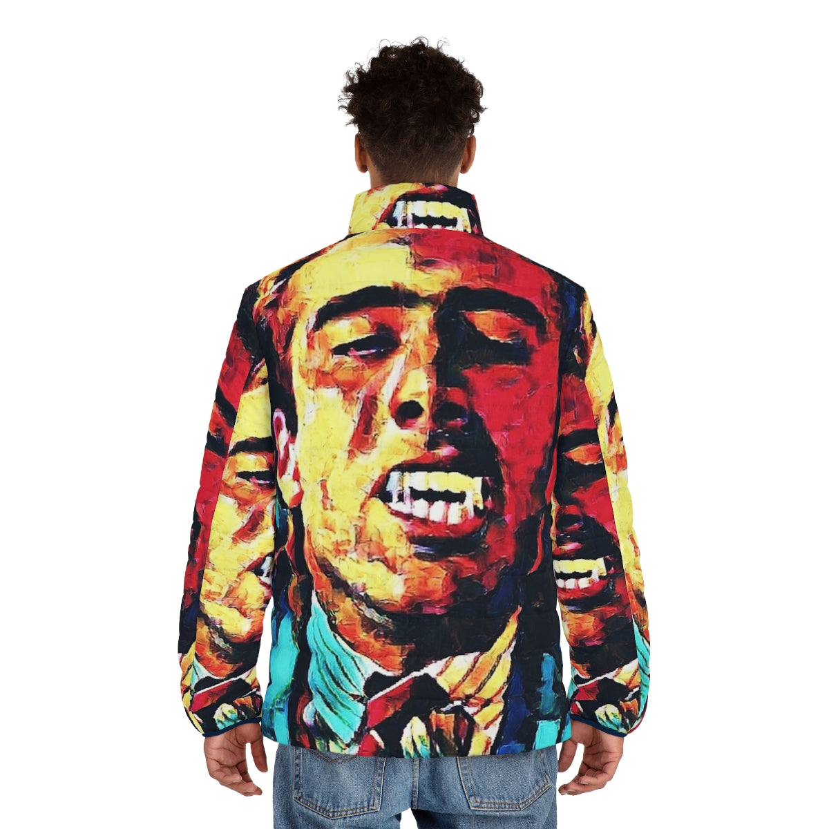 Vampire Kiss Puffer Jacket featuring a colorful and abstract vampire-inspired design - men back