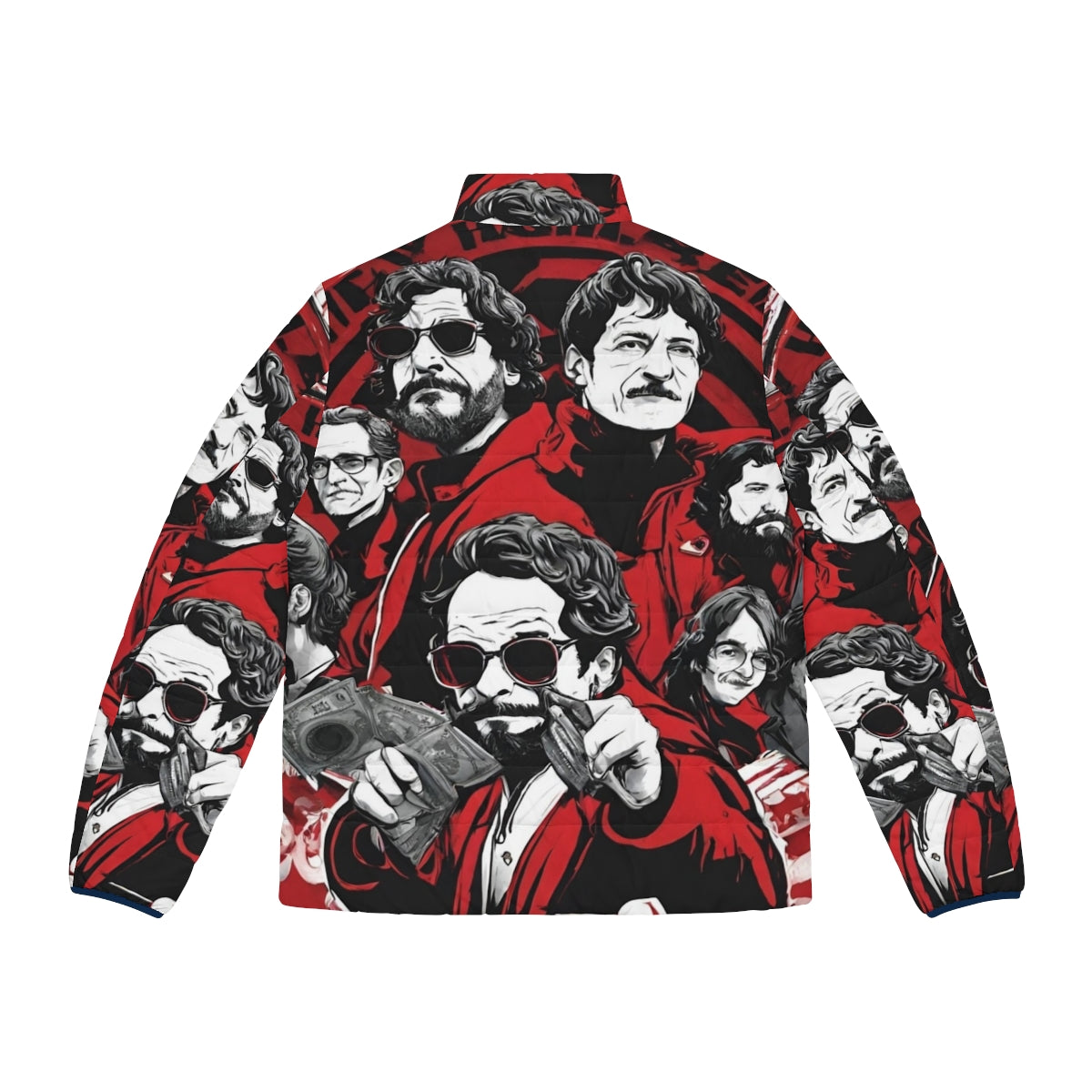 "Money Heist Inspired Puffer Jacket featuring fan art of the show's characters" - Back