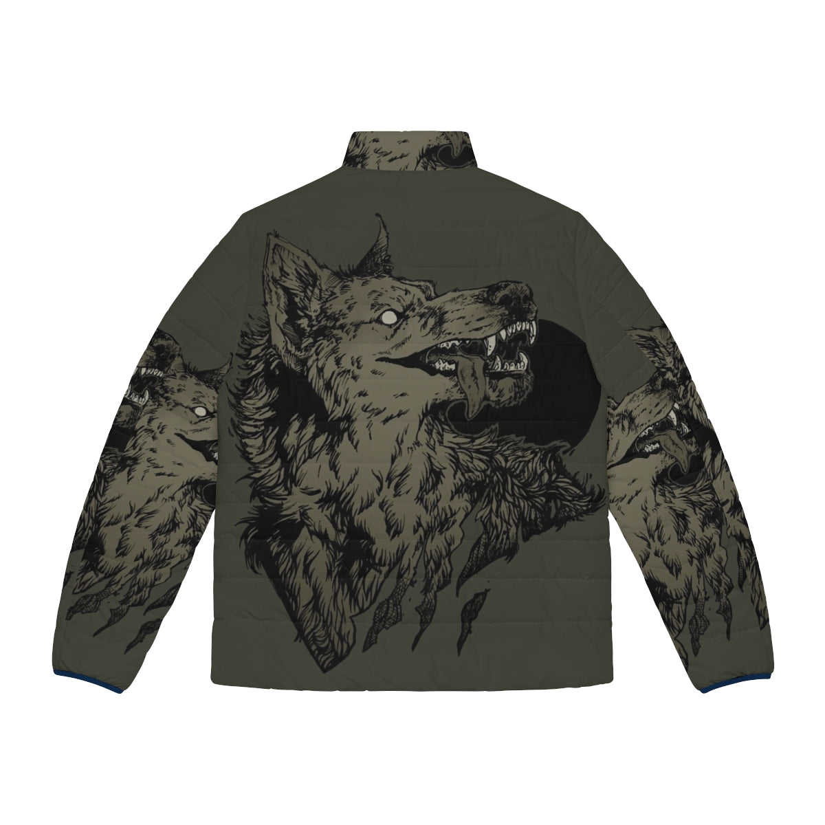 Black puffer jacket with werewolf design, featuring a full moon and howling wolf - Back