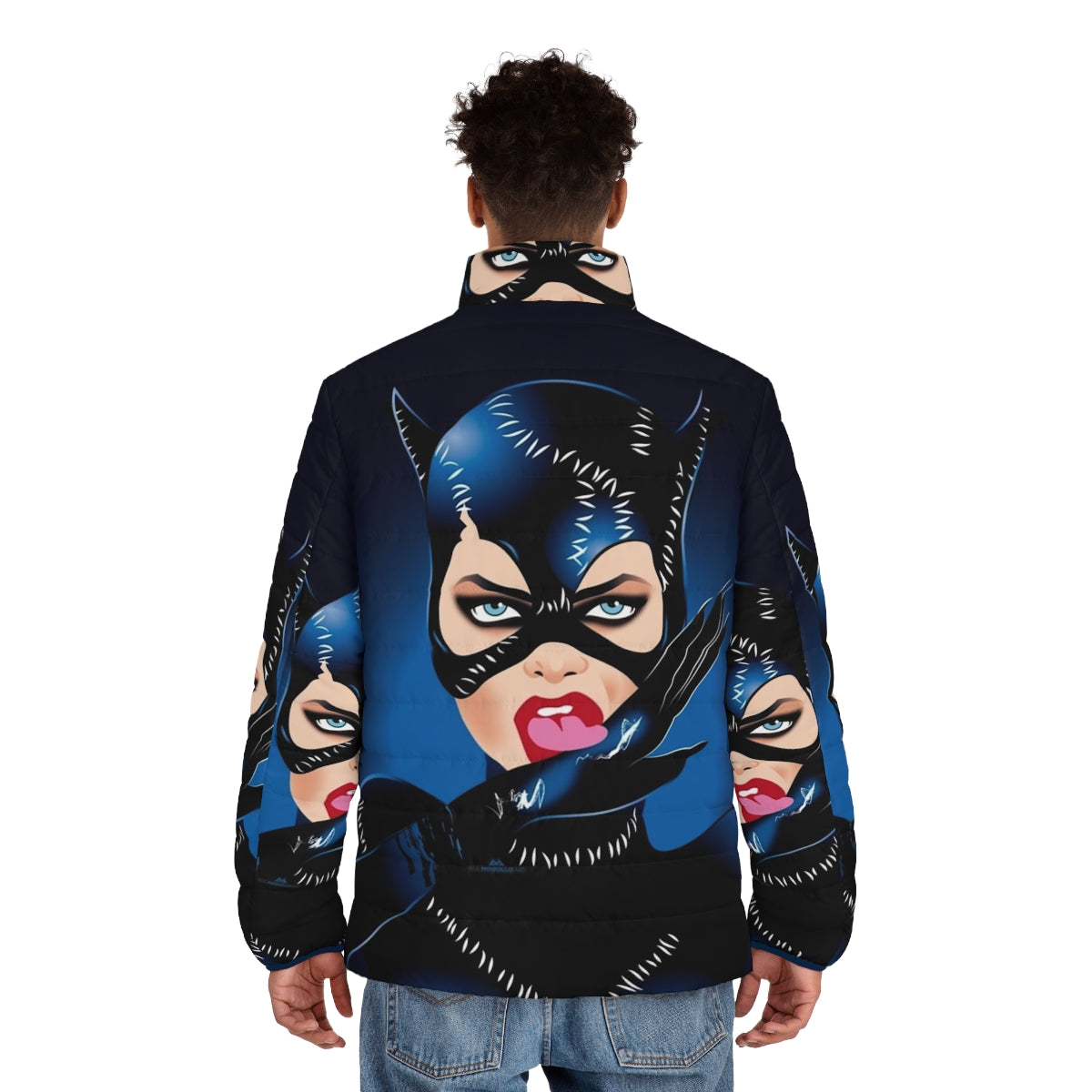 Model wearing a puffer jacket with Alejandro Mogollo's art design - men back