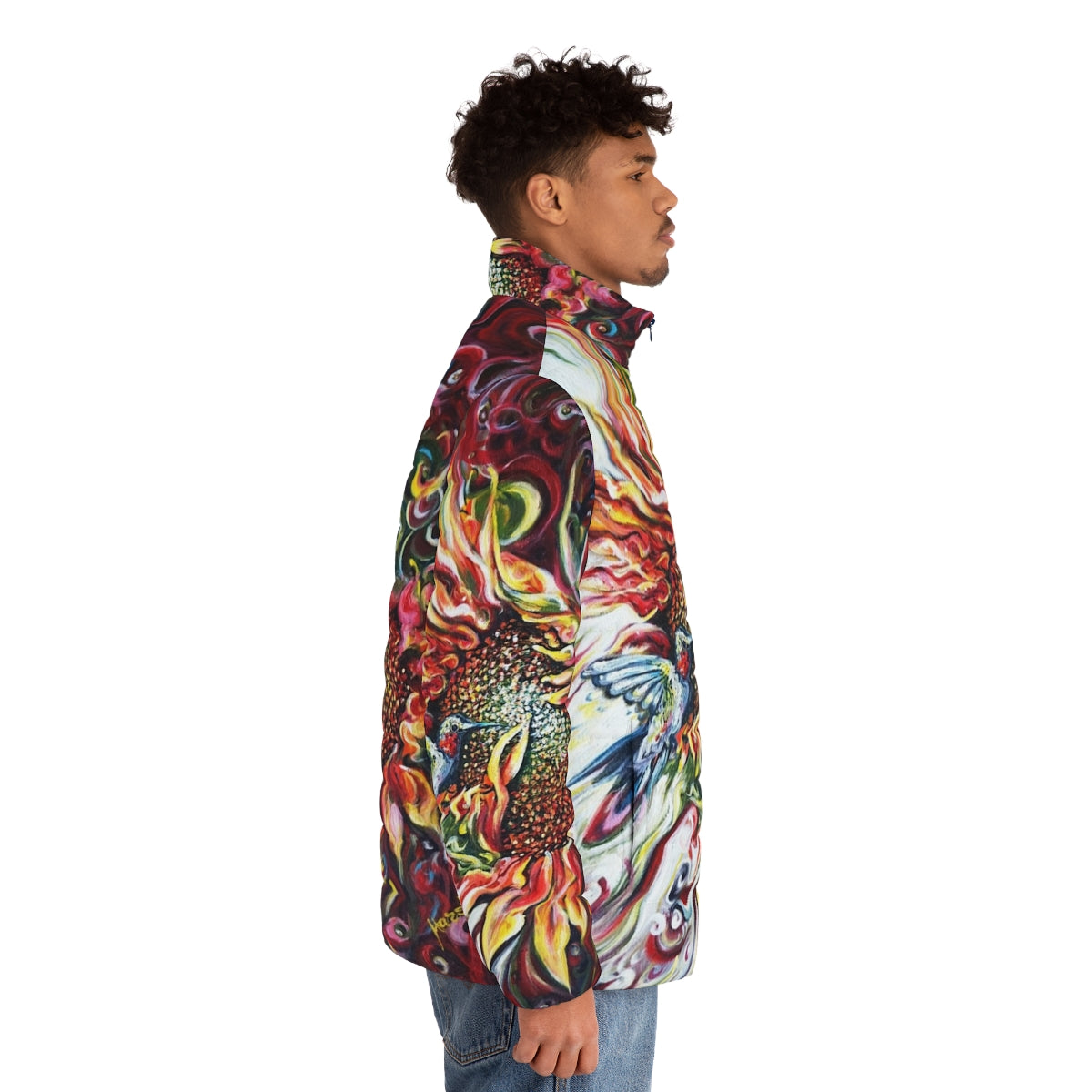 Sunflowers and hummingbird puffer jacket, a nature-inspired and colorful outerwear option - men side right