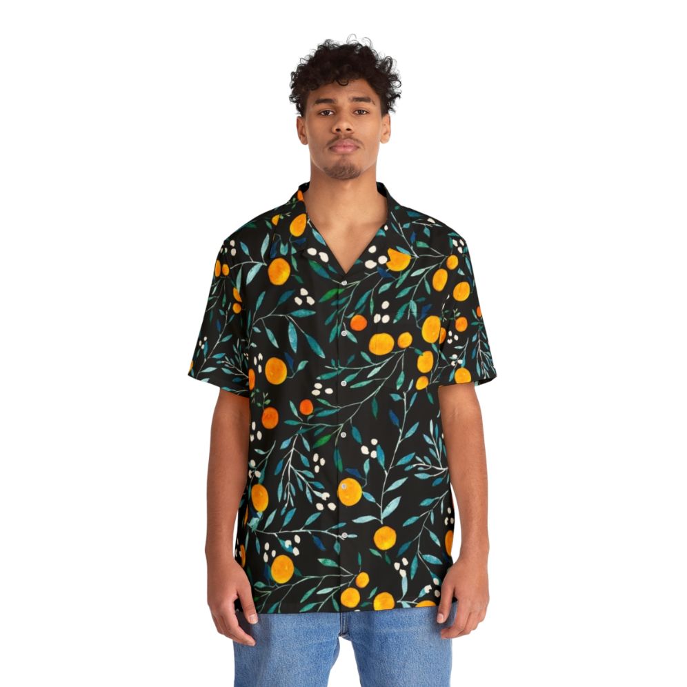 Oranges Hawaiian Shirt with Watercolor Floral Pattern - People Front