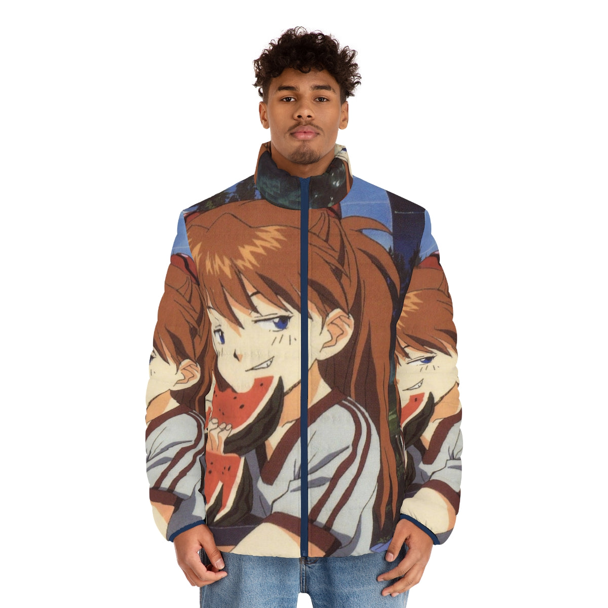 Smug anime-inspired puffer jacket with watermelon and Evangelion design - men front