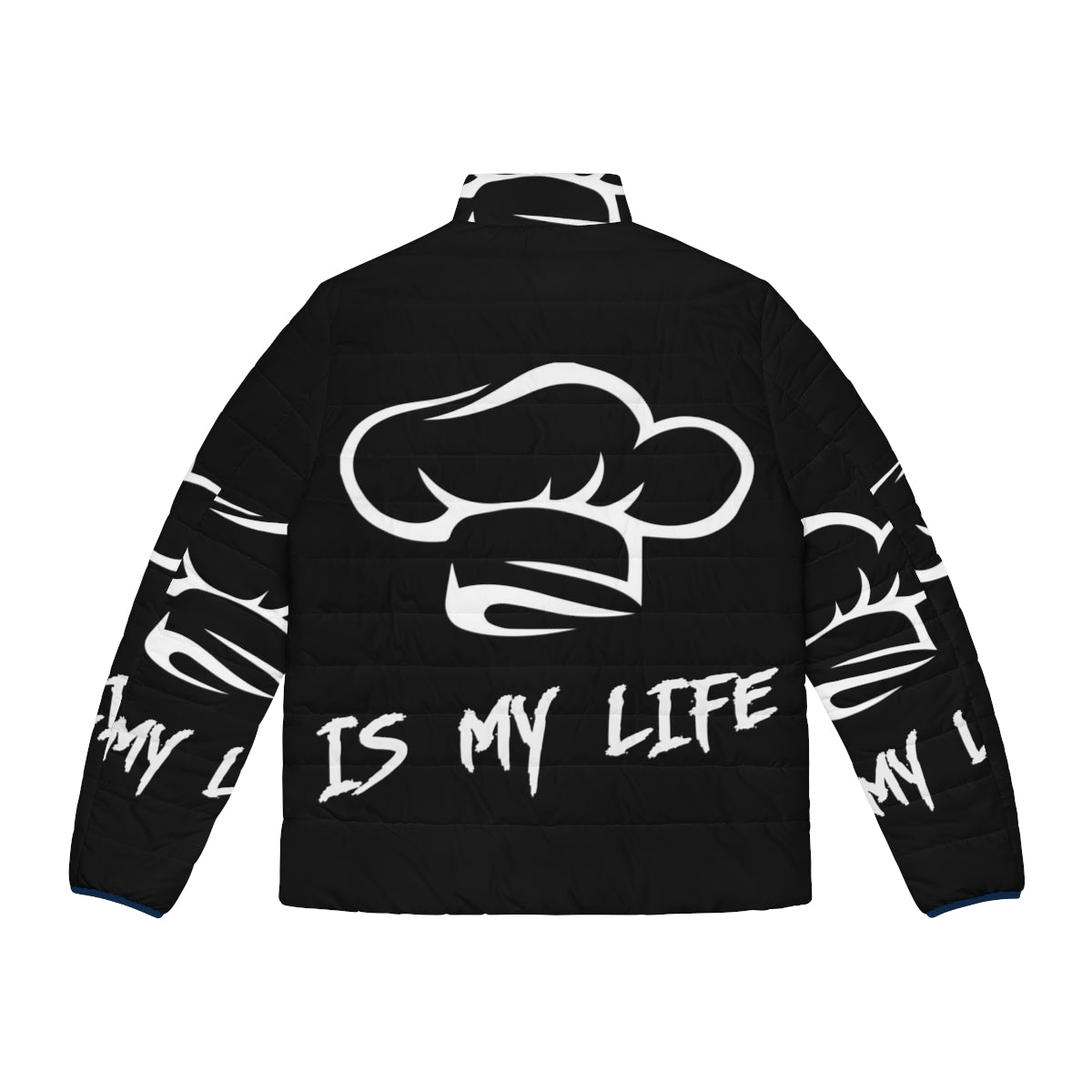 A cozy puffer jacket with the text "Cooking Is My Life" printed on it, perfect for cooking enthusiasts. - Back