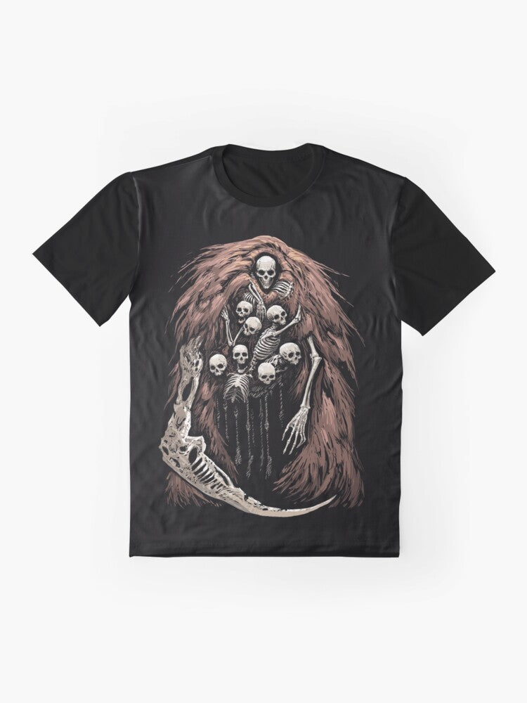 Gravelord skeleton graphic on dark t-shirt - Flat lay