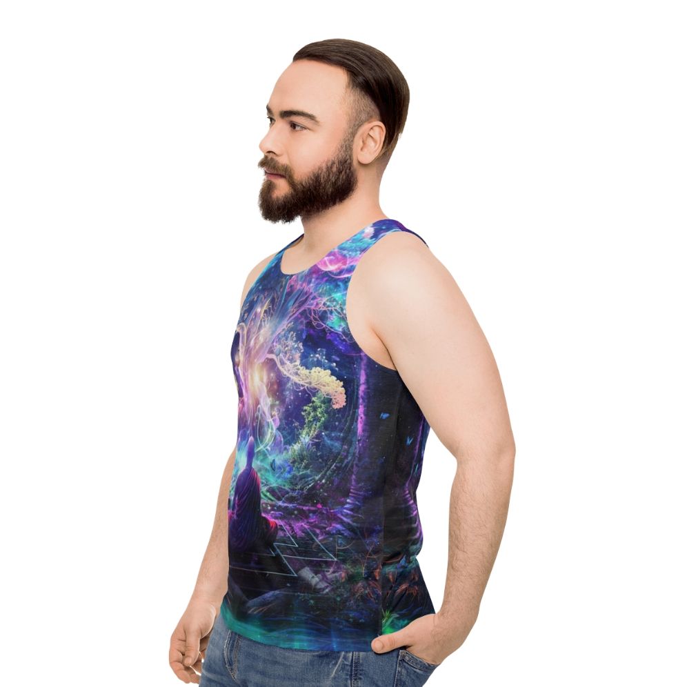 Unisex tank top with cosmic, nature-inspired Midnight Garden artwork - men side