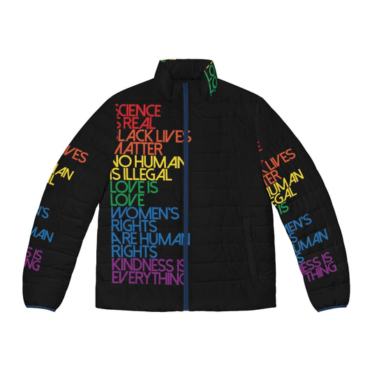 Puffer jacket with science-themed pattern and design for women