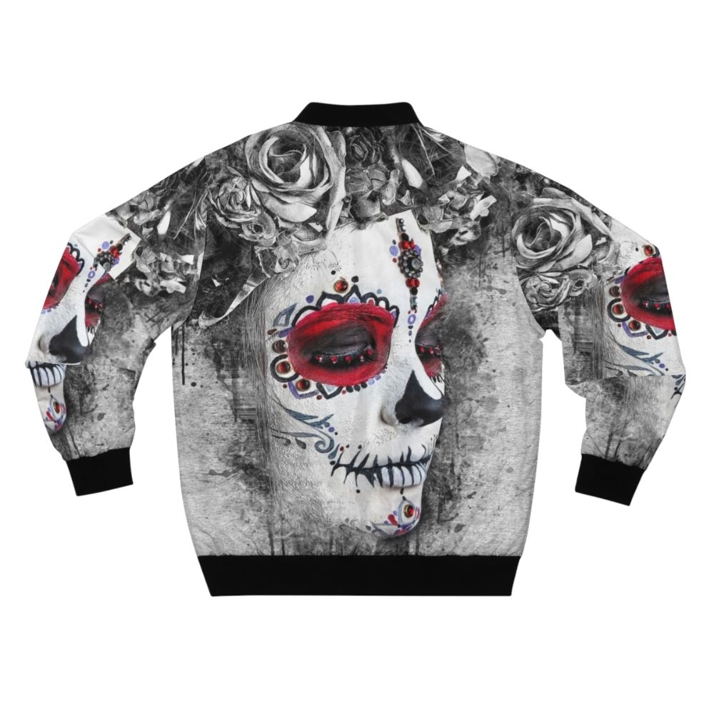 Catrina Boho Queen Skull Tattoo Bomber Jacket featuring a sugar skull and watercolor design - Back