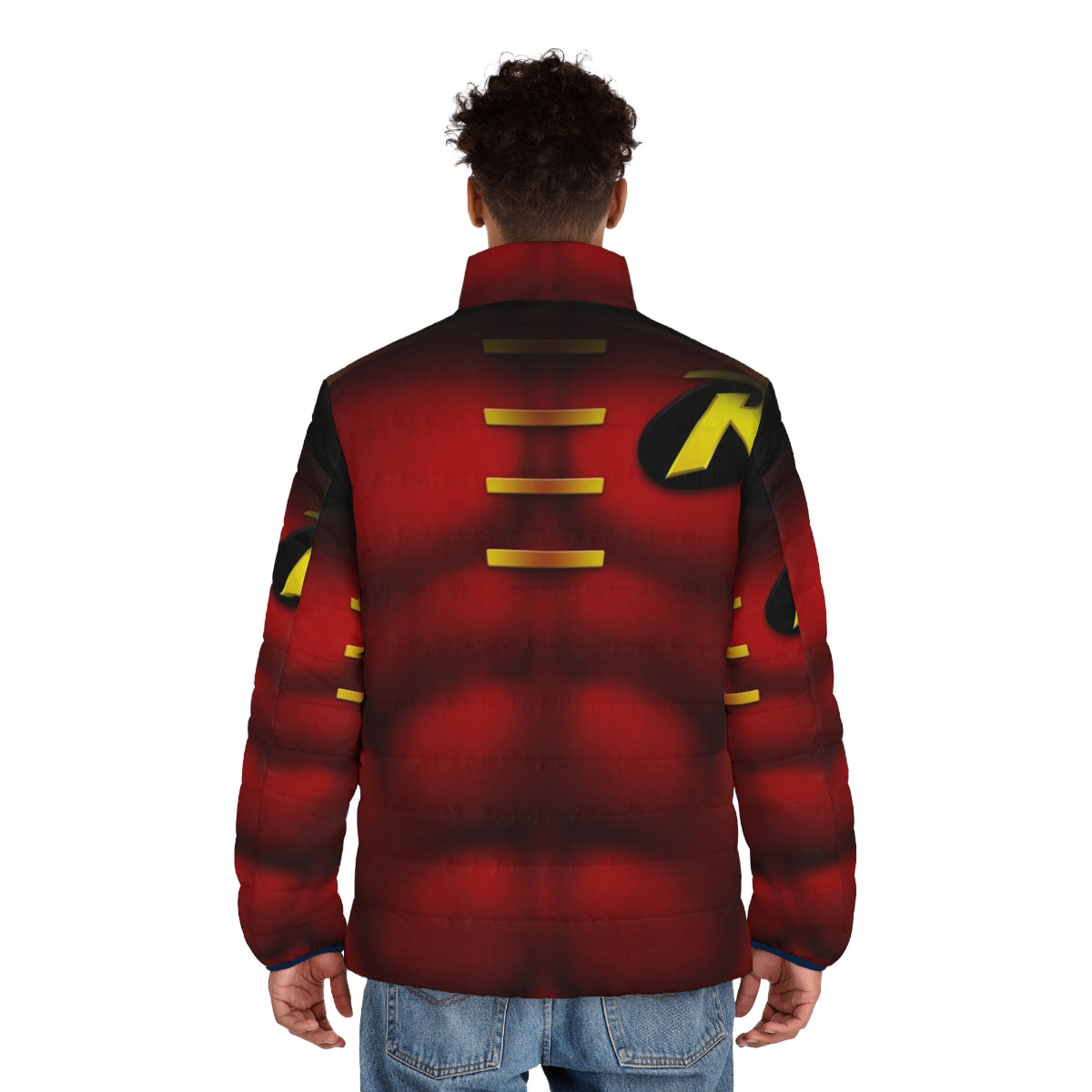 A vibrant puffer jacket featuring a superhero art design of the iconic character Red Robin. - men back