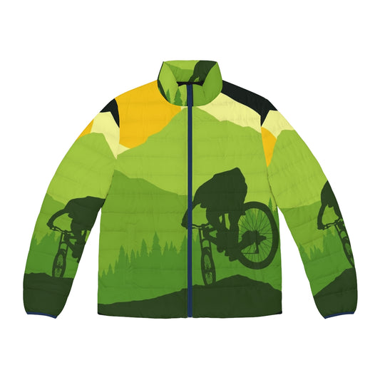 Bike More Puffer Jacket featuring a geometric design inspired by nature and perfect for cycling and outdoor adventures