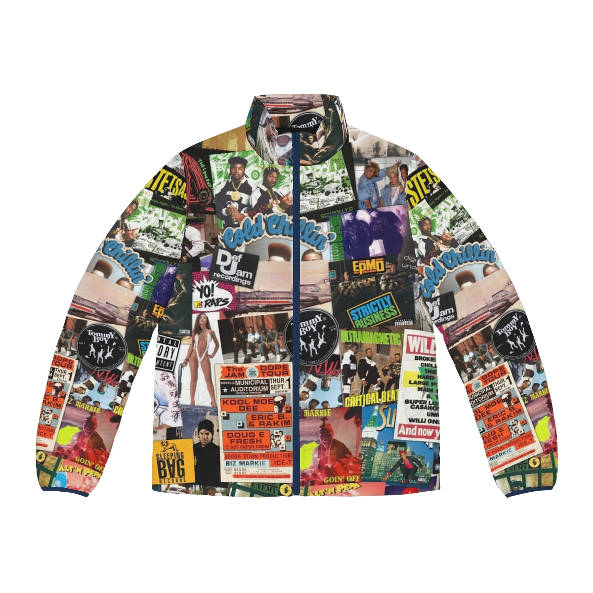 Retro old school hip hop puffer jacket with graphic collage print