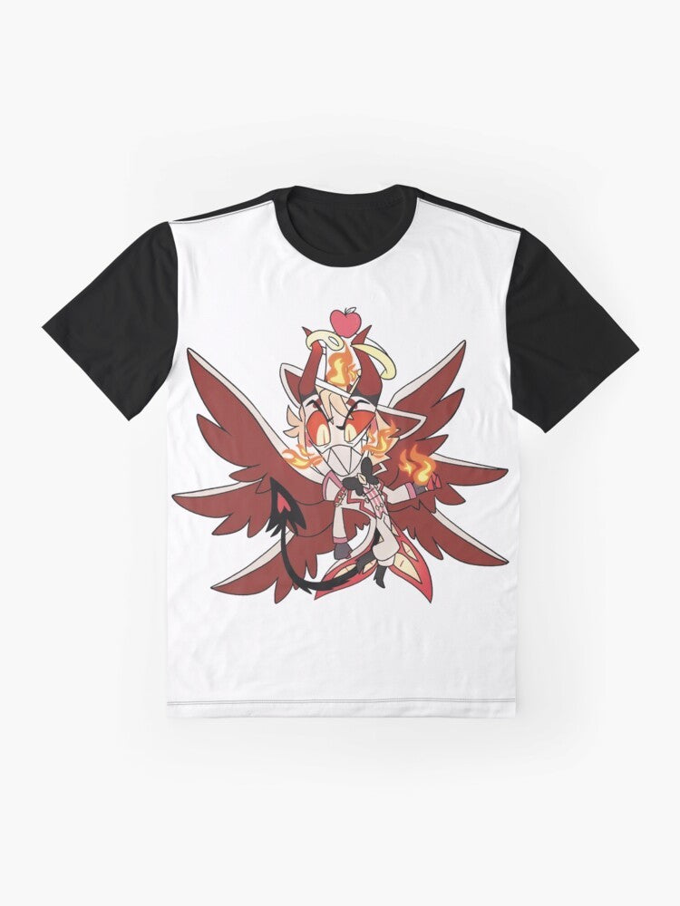 Lucifer Hazbin Hotel Graphic T-Shirt featuring the Vivziepop animated series characters - Flat lay