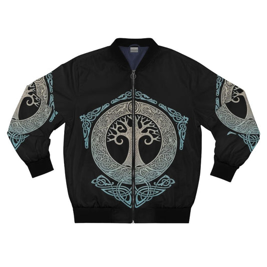 Yggdrasil, the Tree of Life, featured on a blue and white bomber jacket with Norse mythology symbols and tribal patterns.