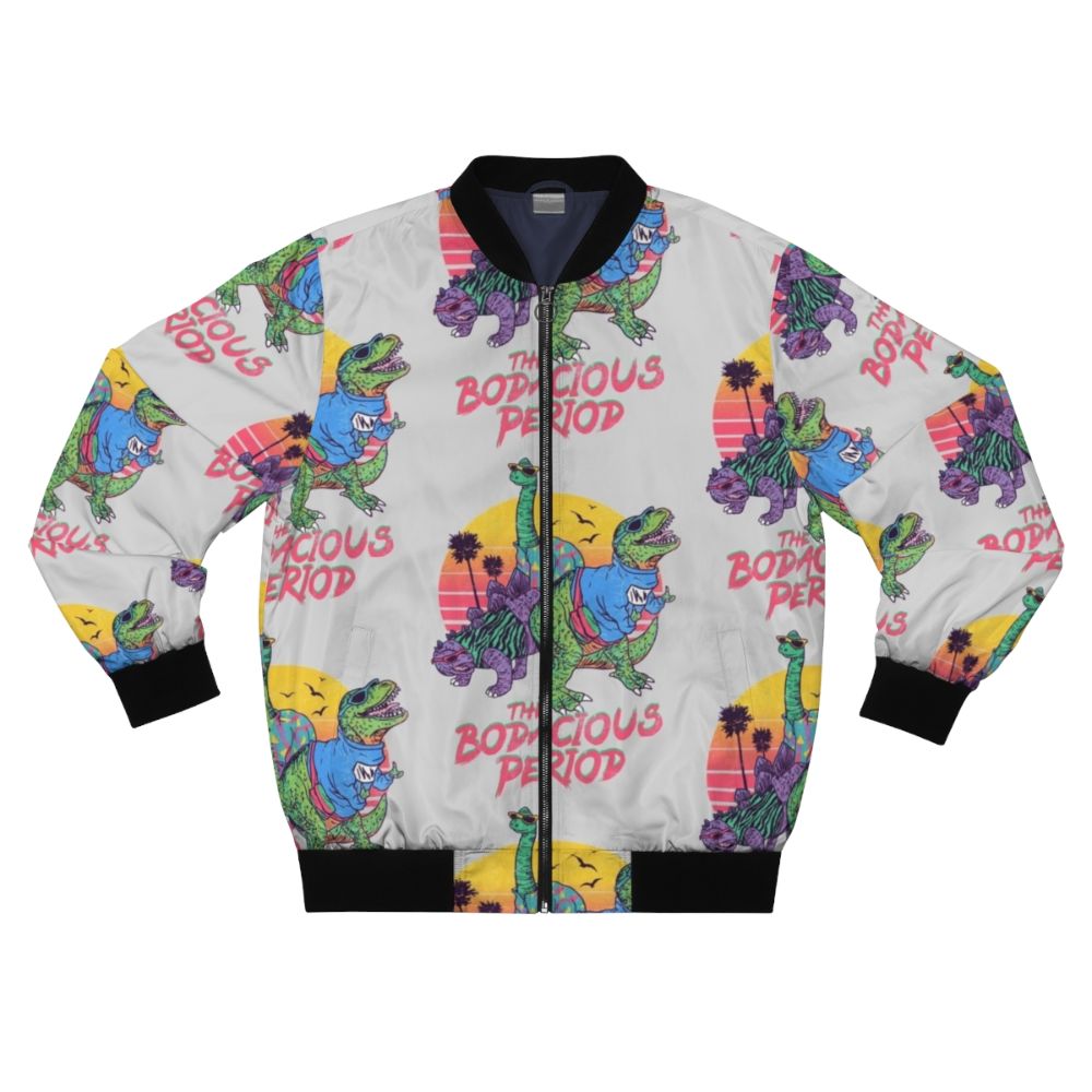 A dinosaur-themed 80s retro bomber jacket with a bold, colorful design.