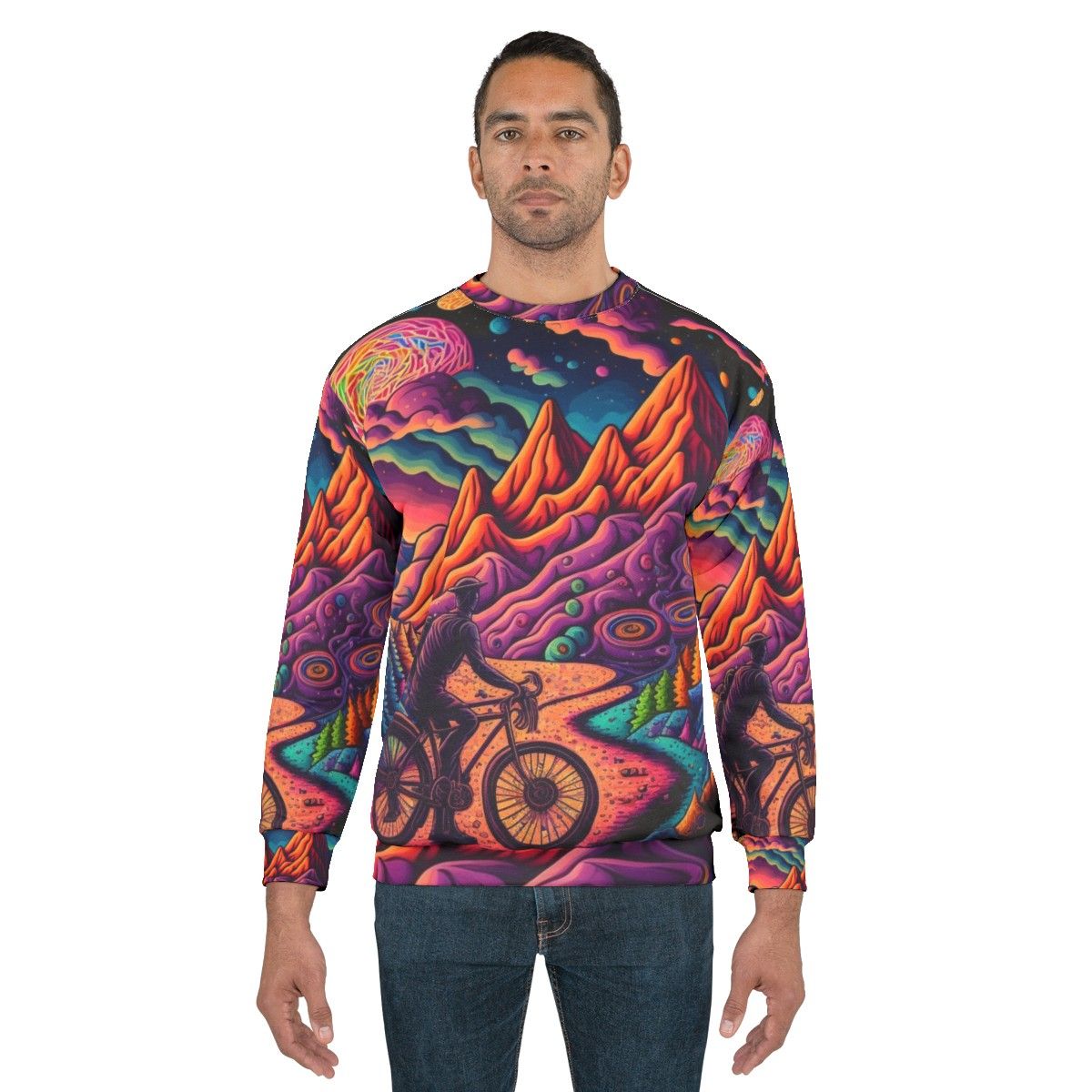 Psychedelic art sweatshirt featuring colorful 1943 bicycle design - men