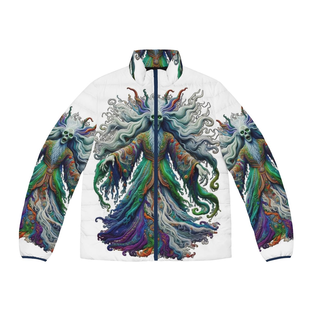 Colorfull puffer jacket with embroidered mythical banshee design