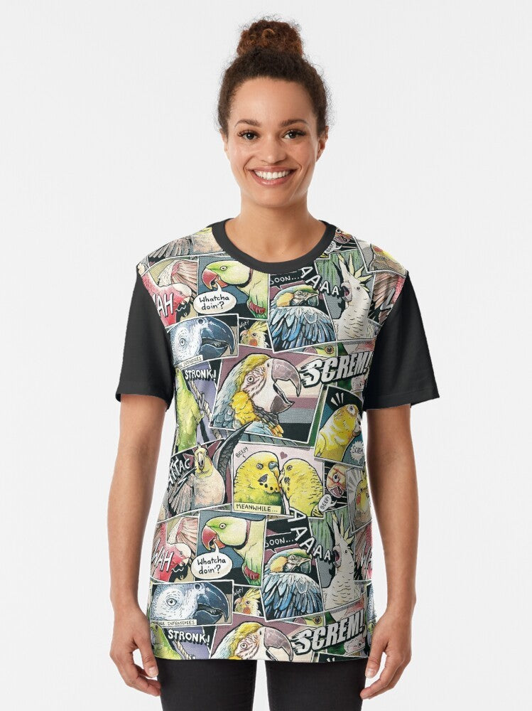 Colorful parrot graphic design on a t-shirt, featuring a comic-style illustration of a bird. - Women