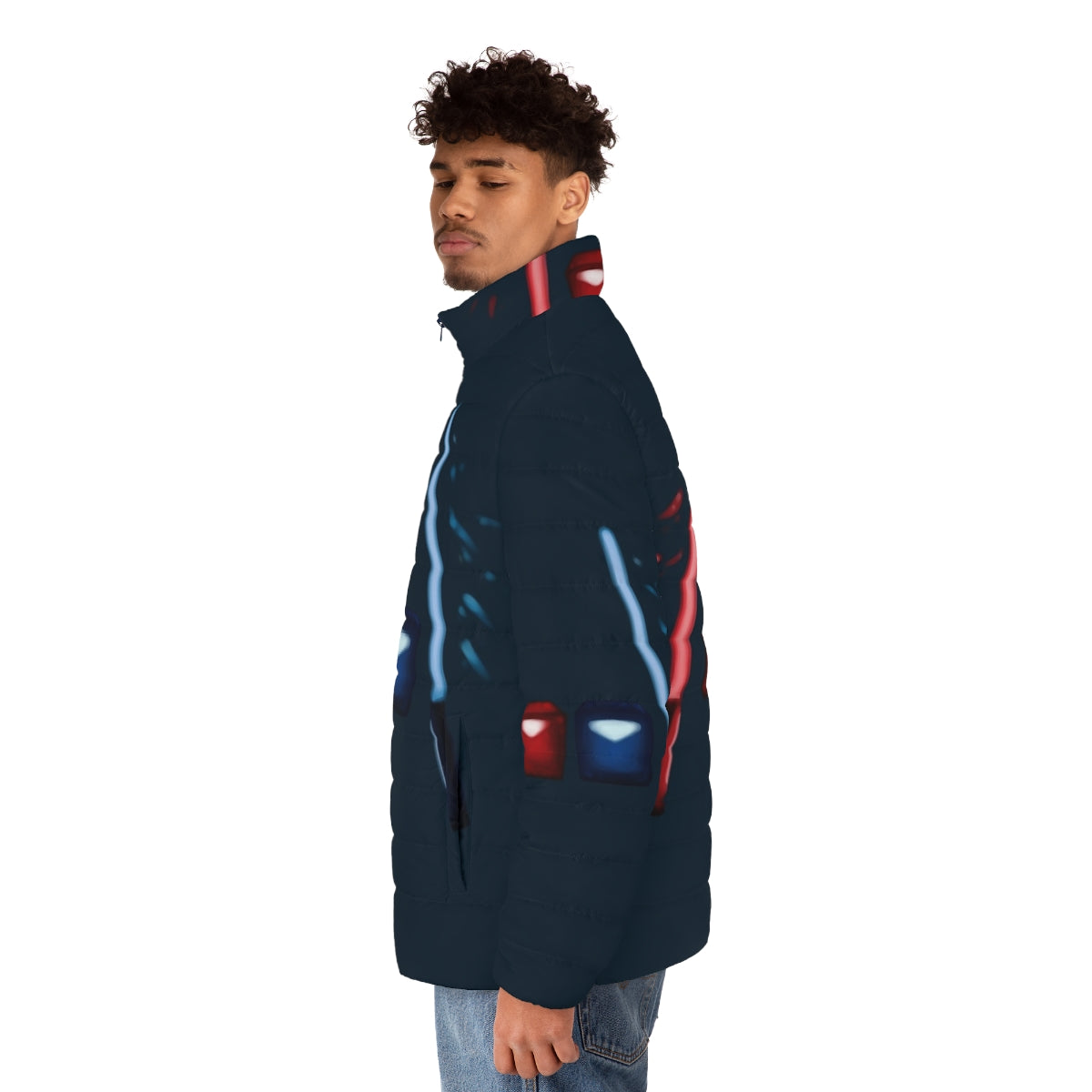 Artsy Beat Saber Puffer Jacket featuring custom cubes and blocks - men side left