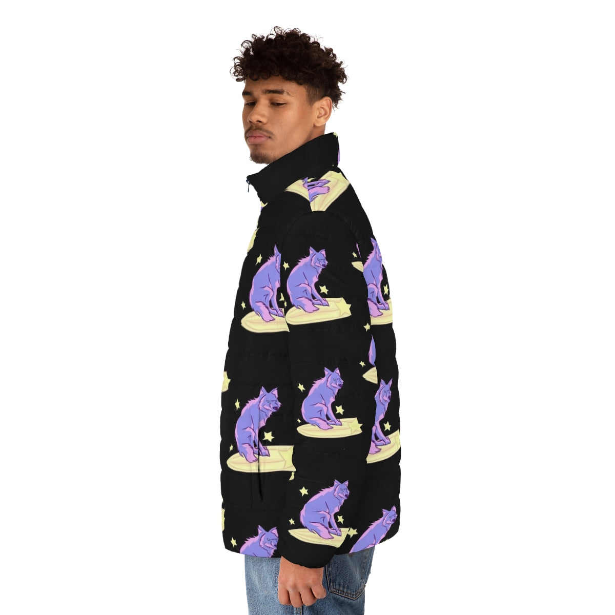 A puffer jacket featuring a majestic celestial wolf design against a night sky of stars - men side left