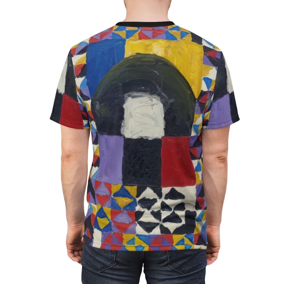 Vibrant abstract geometric t-shirt design with cosmic patterns and marine elements - men back