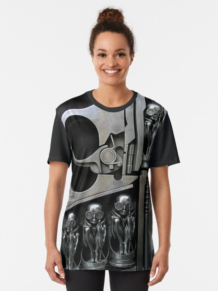 H.R. Giger inspired t-shirt featuring a graphic design of a female sculpture with machinery and alien elements - Women