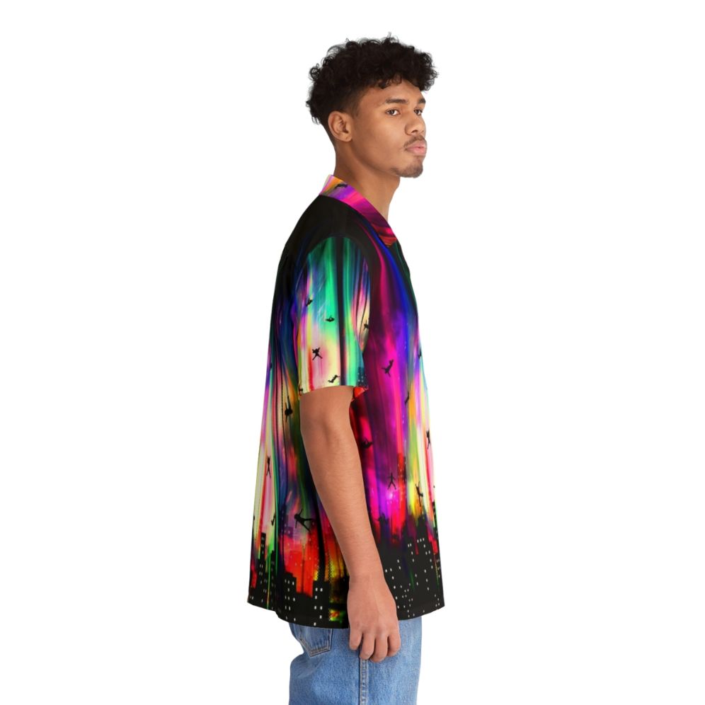 Neon Hawaiian Shirt with Vibrant Urban Skyline and Alien Influences - People Pight