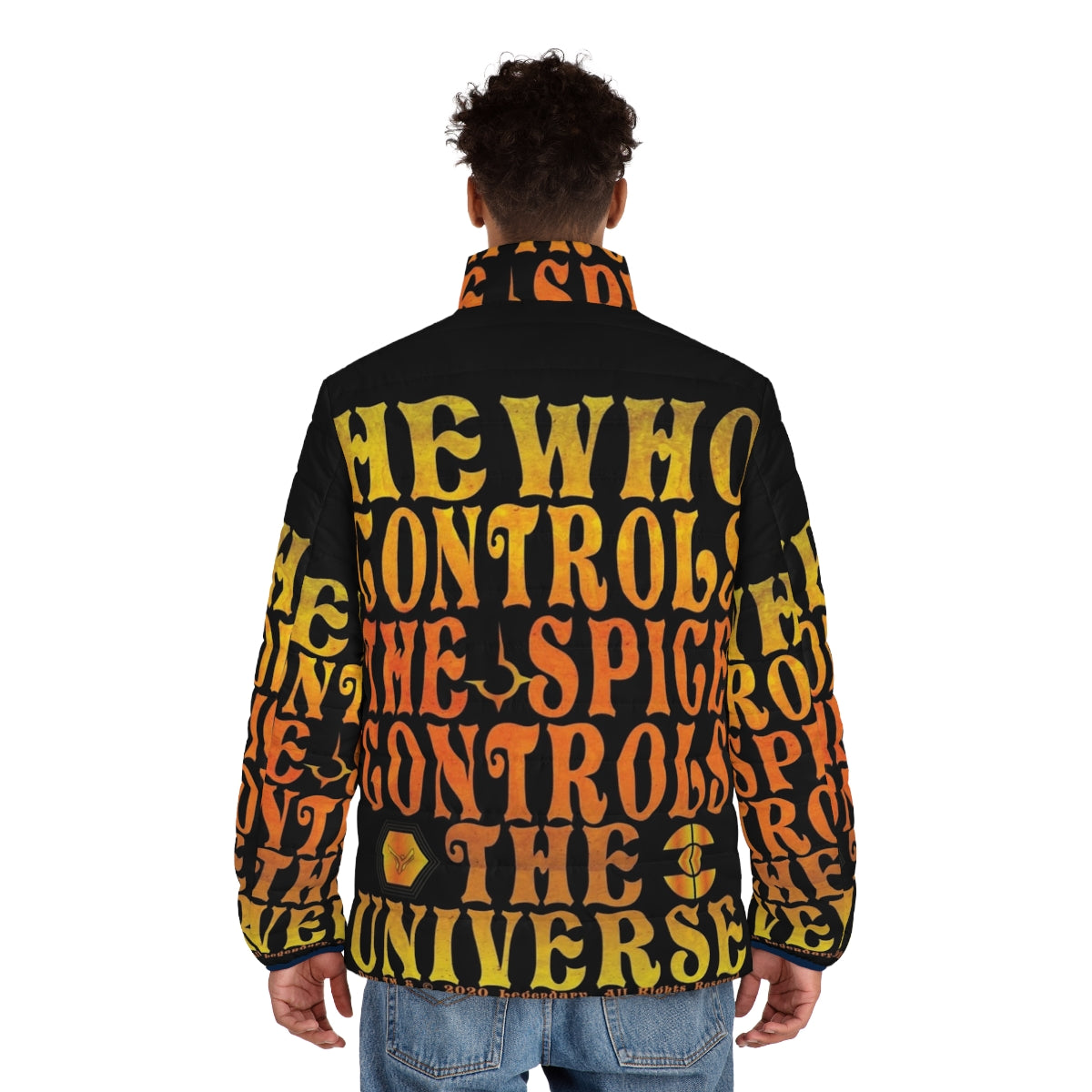 Dune-inspired spice puffer jacket featuring a futuristic, desert-inspired design - men back