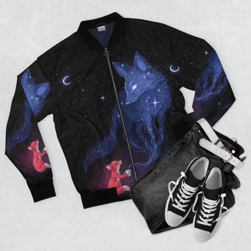 Celestial bomber jacket featuring a cute animal design with stars, moon, and cosmic elements - Flat lay