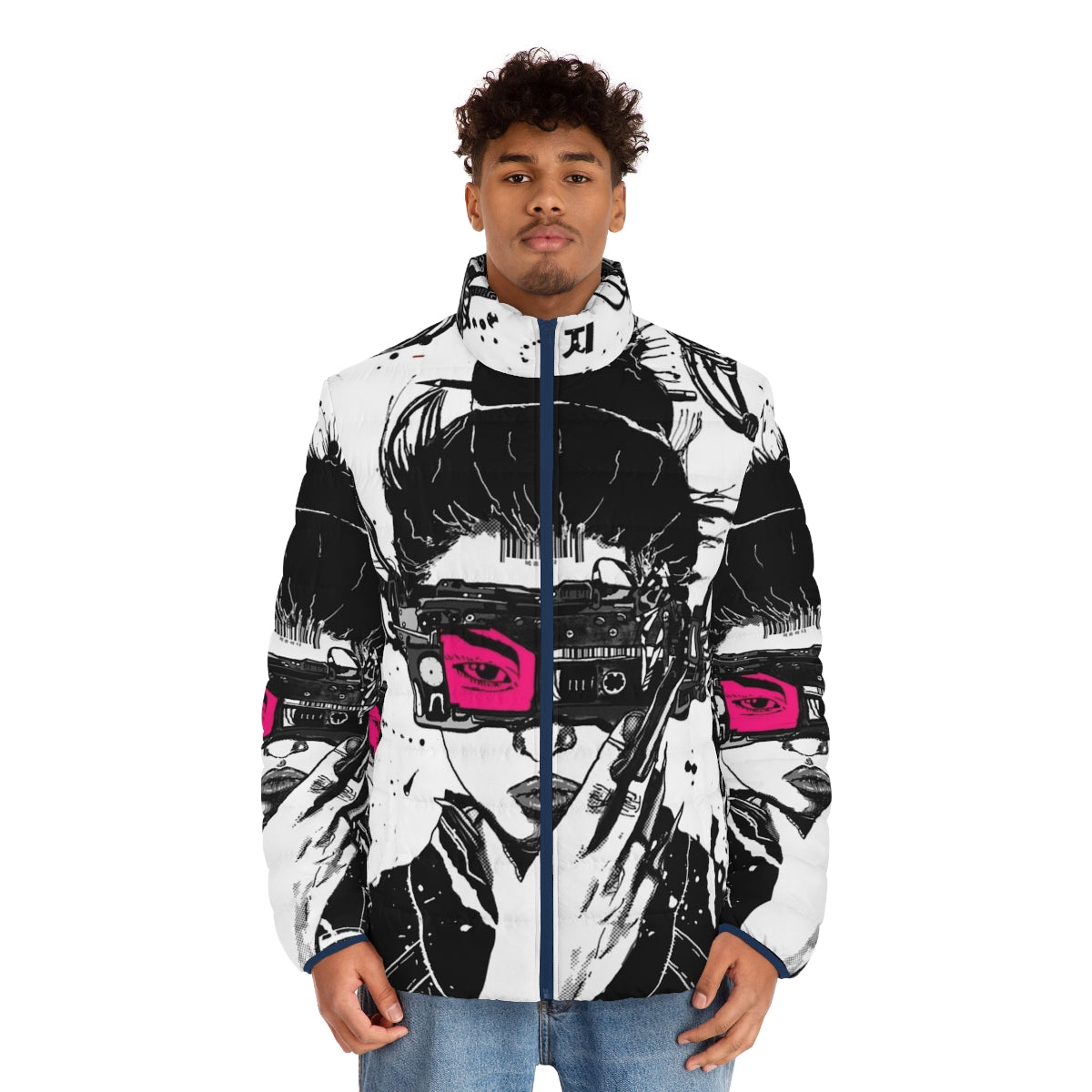 Cyberpunk vaporwave puffer jacket with futuristic urban style - men front