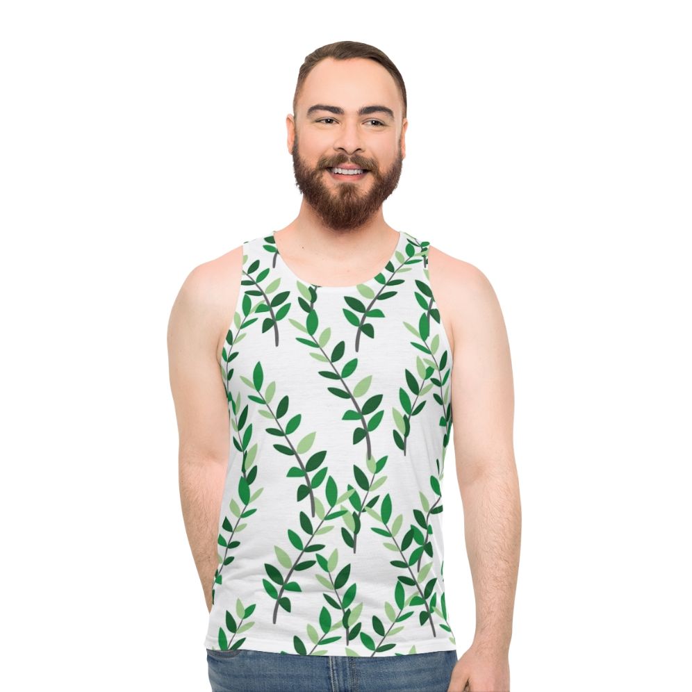 Unisex tank top with a botanical zz plant leaves design - men