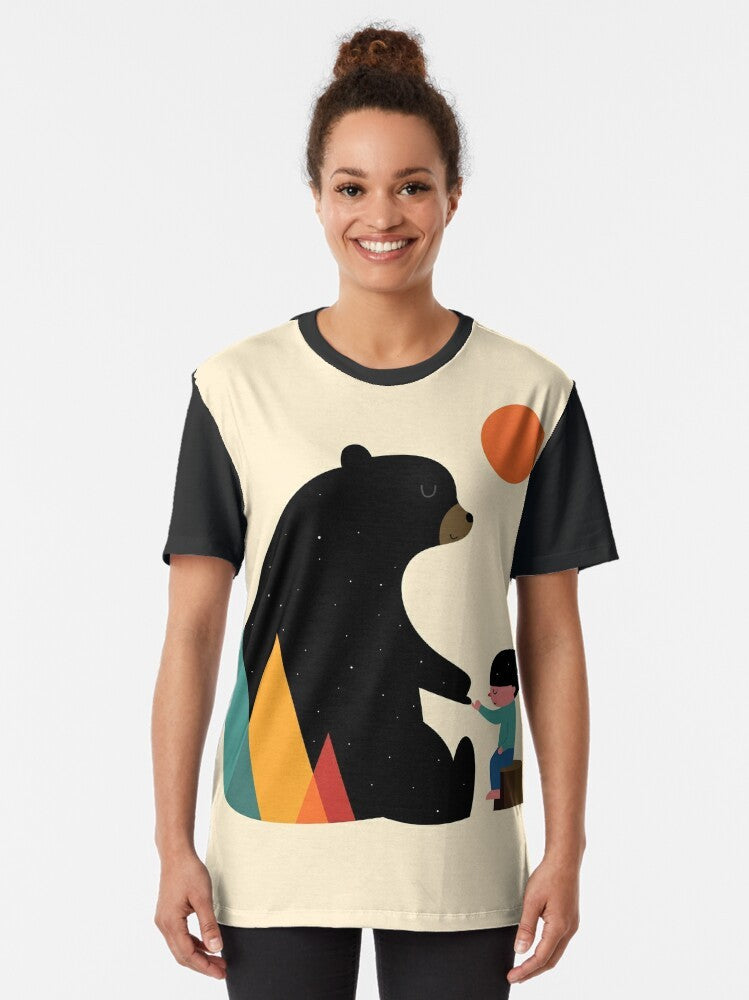 Graphic t-shirt with a bear in a nature landscape, featuring the word "Promise" - Women