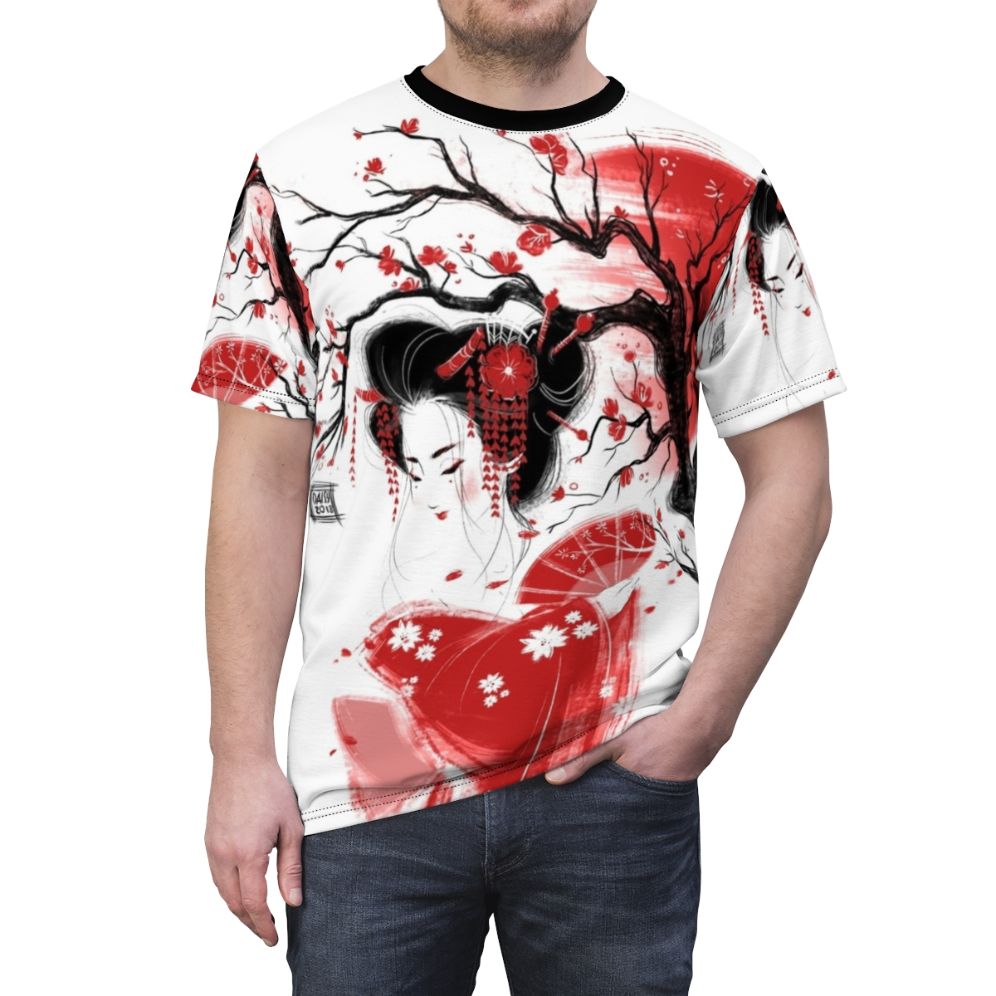 Red and white geisha girl sketch design on a t-shirt - men front