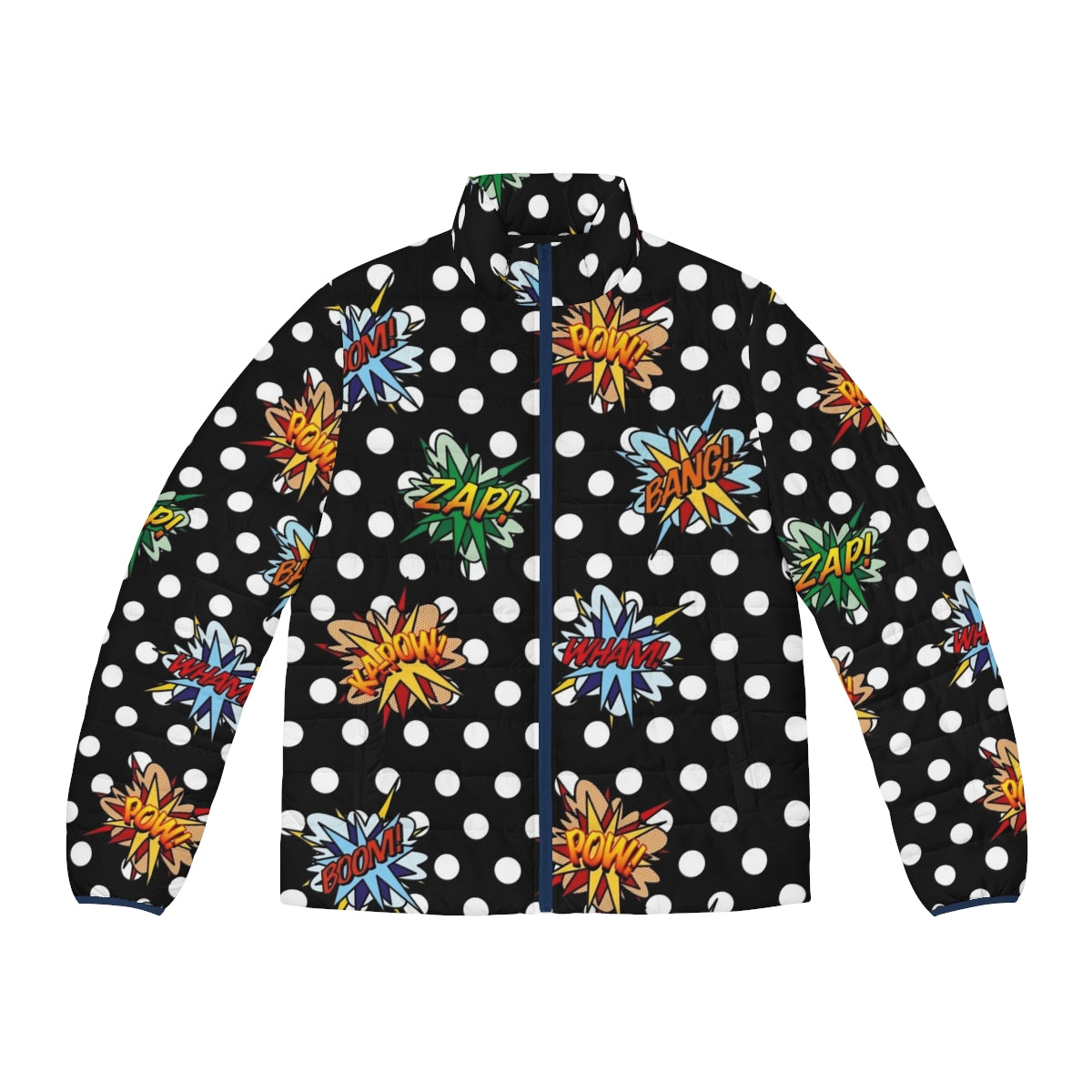 Vibrant comic book-inspired puffer jacket with pop art graphics