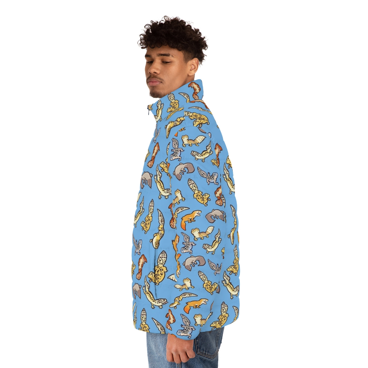 Chub gecko wearing a blue puffer jacket with a vibrant pattern - men side left