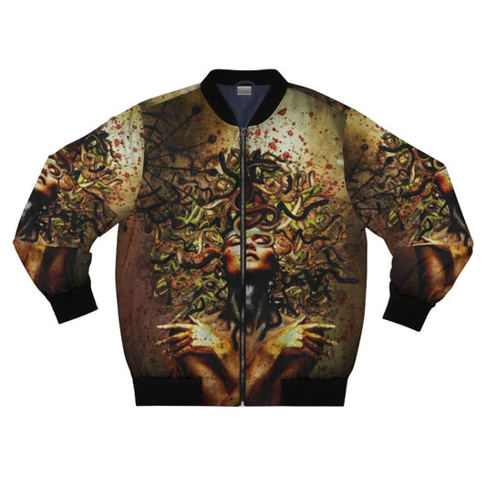 Medusa-inspired surrealist bomber jacket with snake motifs